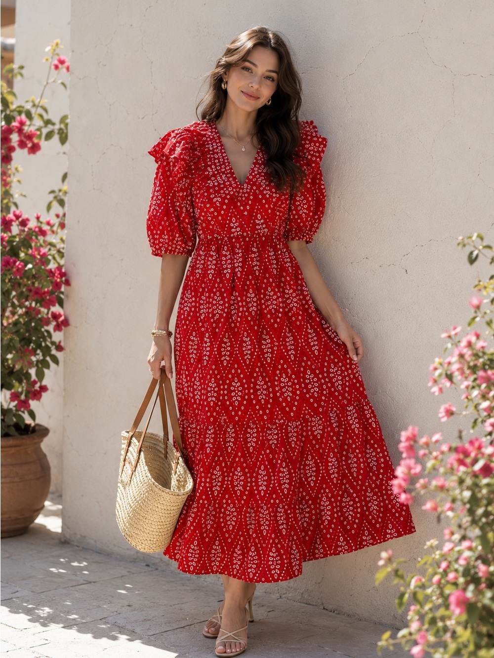 ZARA DRESS WITH CUTWORK EMBROIDERY PUFF SLEEVES MIDI RED - Picture 4 of 15